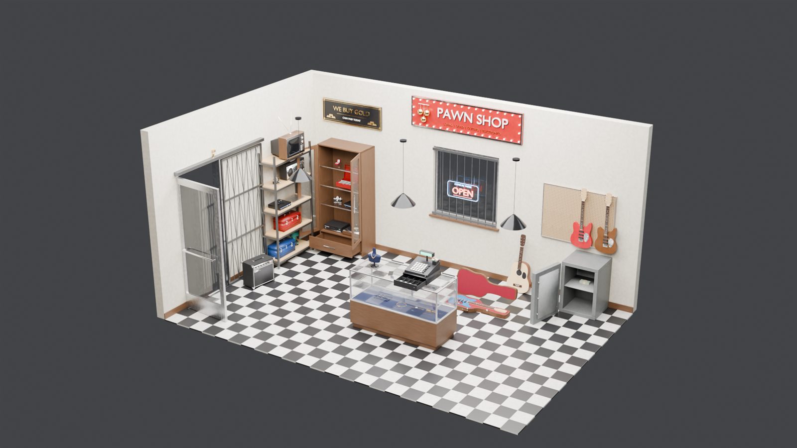 Isometric view of a furnished pawn shop built from the kit: counter, safe, cash register, display cabinet, shelving, pegboard with guitars